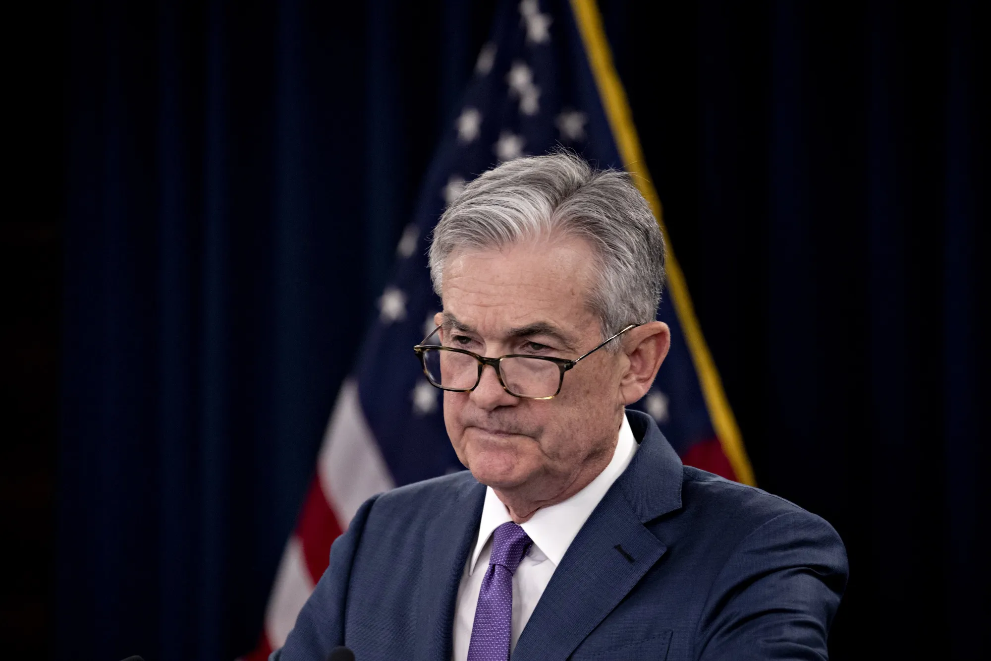 Jerome Powell pauses during a news conference following a Federal Open Market Committee meeting in Washington, D.C. on July 31, 2019.