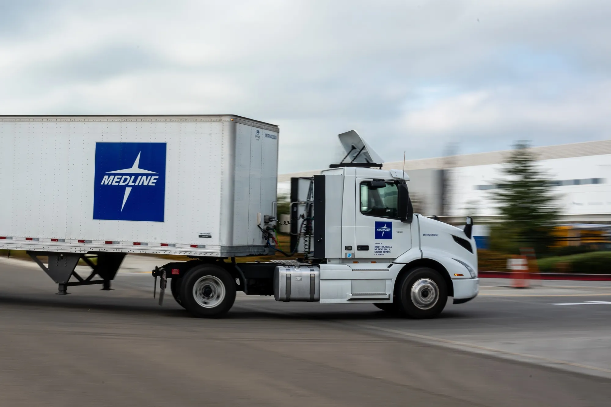A Medline truck enters the company's warehouse in Tracy, California.