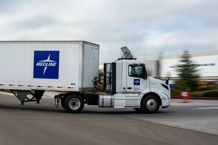 A Medline truck enters the company's warehouse in Tracy, California.