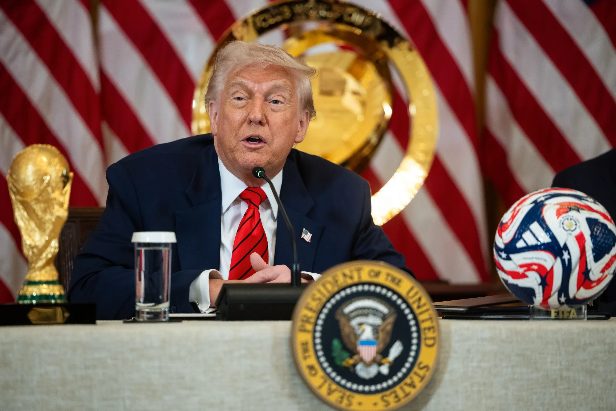 US President Donald Trump speaks during a FIFA Task Force meeting in the East Room of the White House in Washington on May 6.
