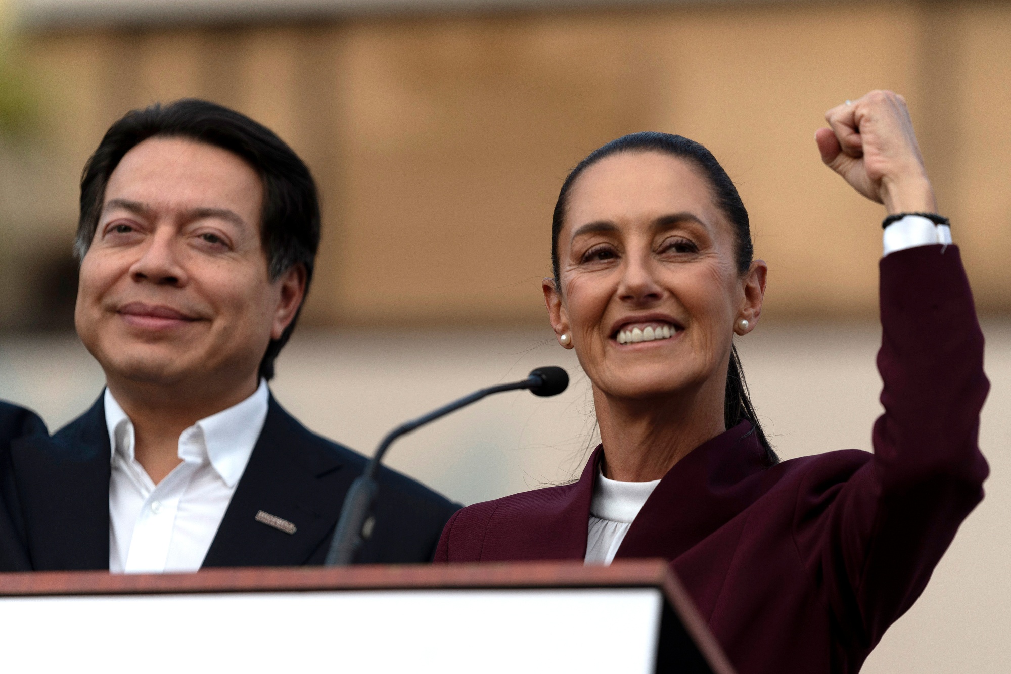 Claudia Sheinbaum, former mayor of Mexico City and presidential candidate for the Morena party, right, speaks prior to the first televised presidential debate in Mexico City, Mexico, on Sunday, April 7, 2024.&nbsp;