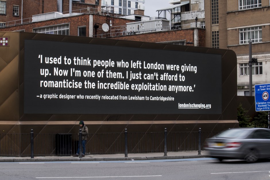 Billboards in London share stories of relocation—both in leaving the city and moving to it. 