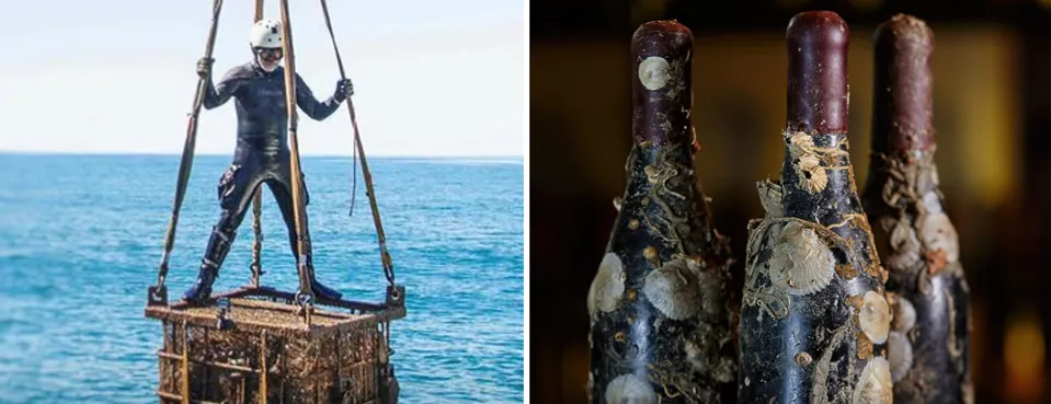Ocean Fathoms co-founder Emanuele Azzaretto, left, and bottles of underwater aged wine.