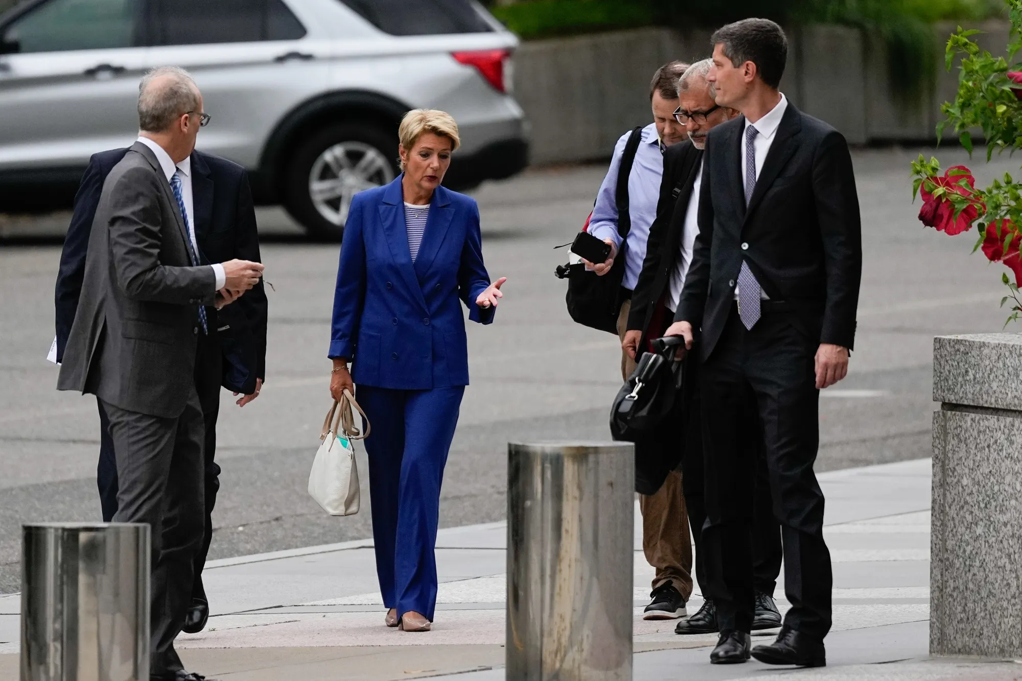 Karin Keller-Sutter arrives at the US State Department in Washington, DC, on Aug. 6.
