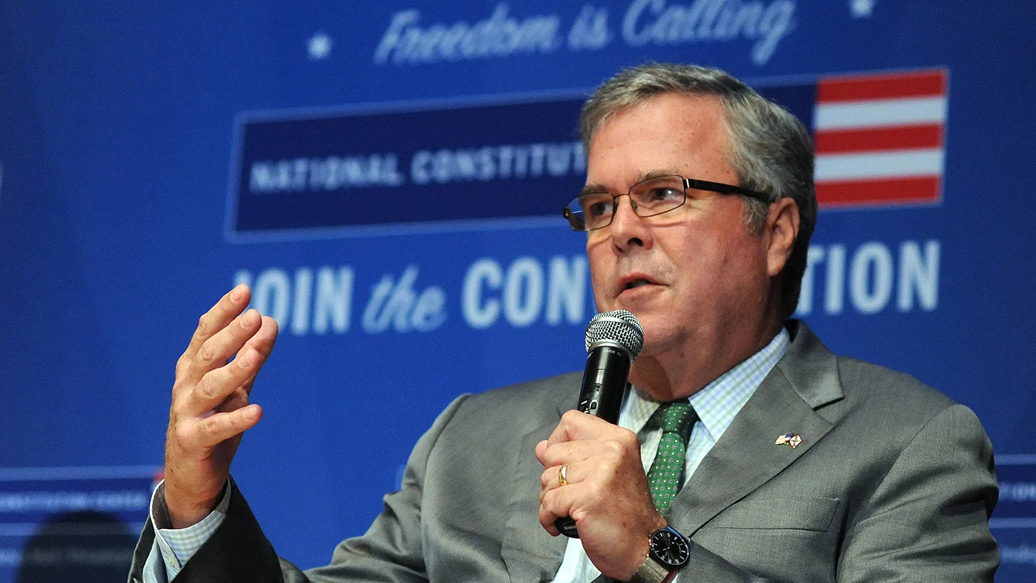 Former Florida Gov. Jeb Bush speaks to the media after being named Chairman of the National Constitution Center's Board of Trustees December 6, 2012 in Philadelphia, Pennsylvania.
