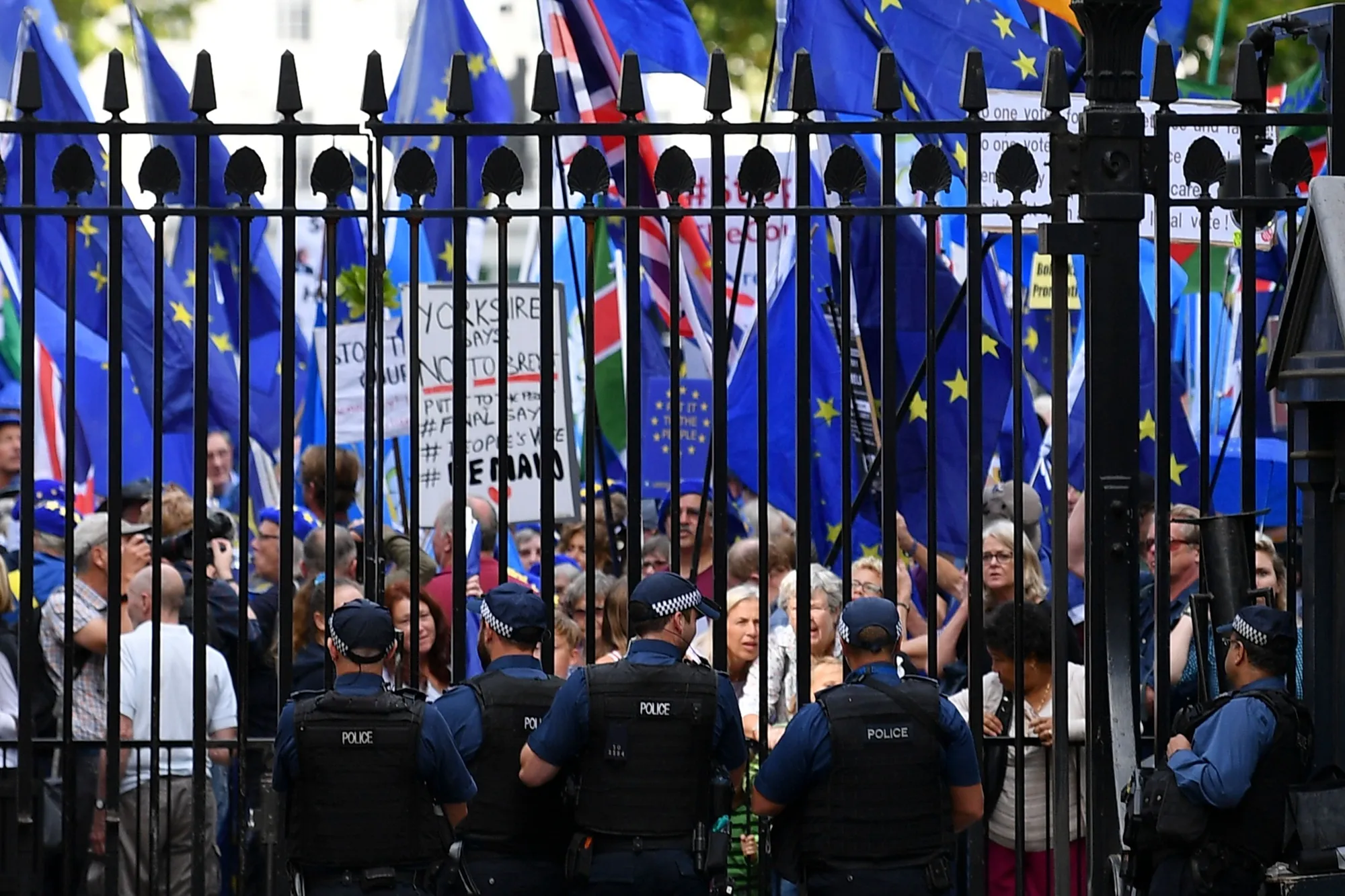 Police officers look on as anti-Brexit demonstrators with EU flags gather directly outside the gates of Downing Street.&nbsp;