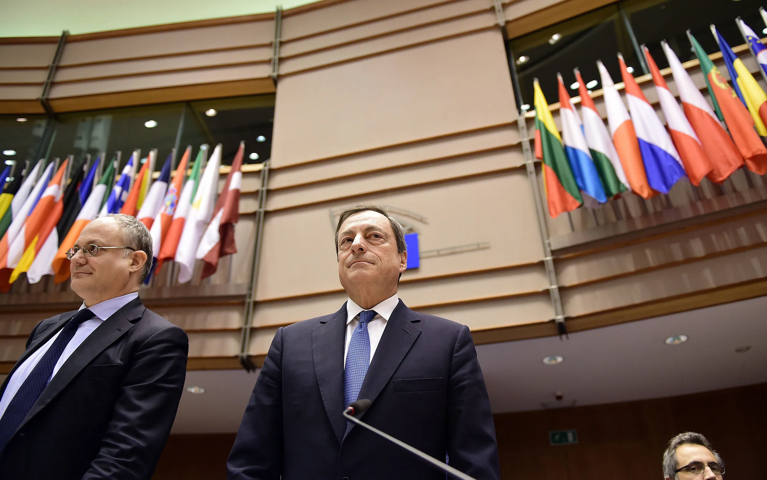 European Central Bank President Mario Draghi arrives to deliver introductory remarks in front of the Economic and Monetary Affairs Committee at the European Parliament, in Brussels, on March 23, 2015.
