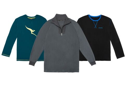 From left: pajama tops from Qantas, Singapore Airlines, and American Airlines.