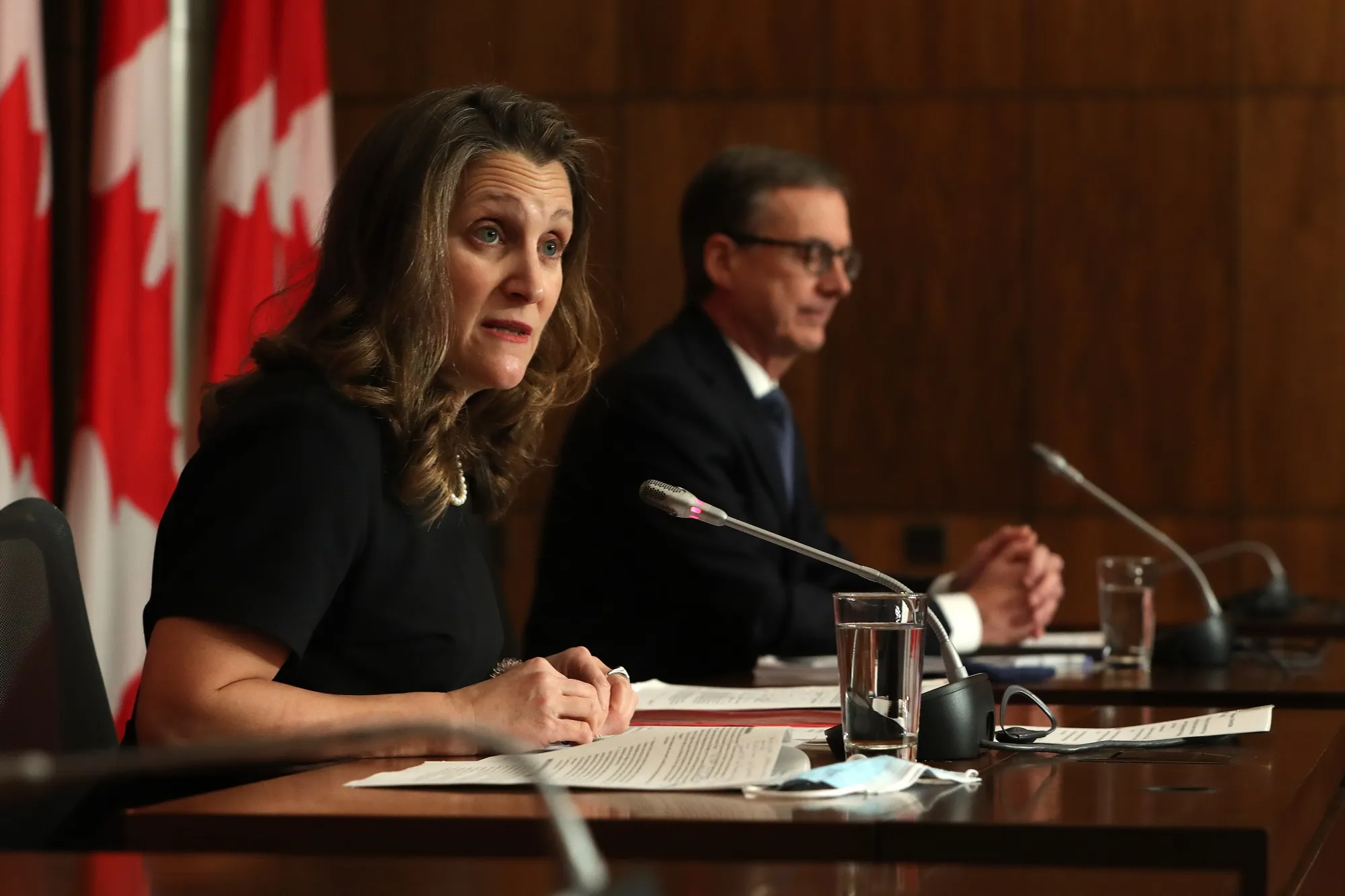 Chrystia Freeland speaks at a Dec. 13 news conference with Tiff Macklem announcing the renewal of the Bank of Canada’s inflation-targeting mandate.