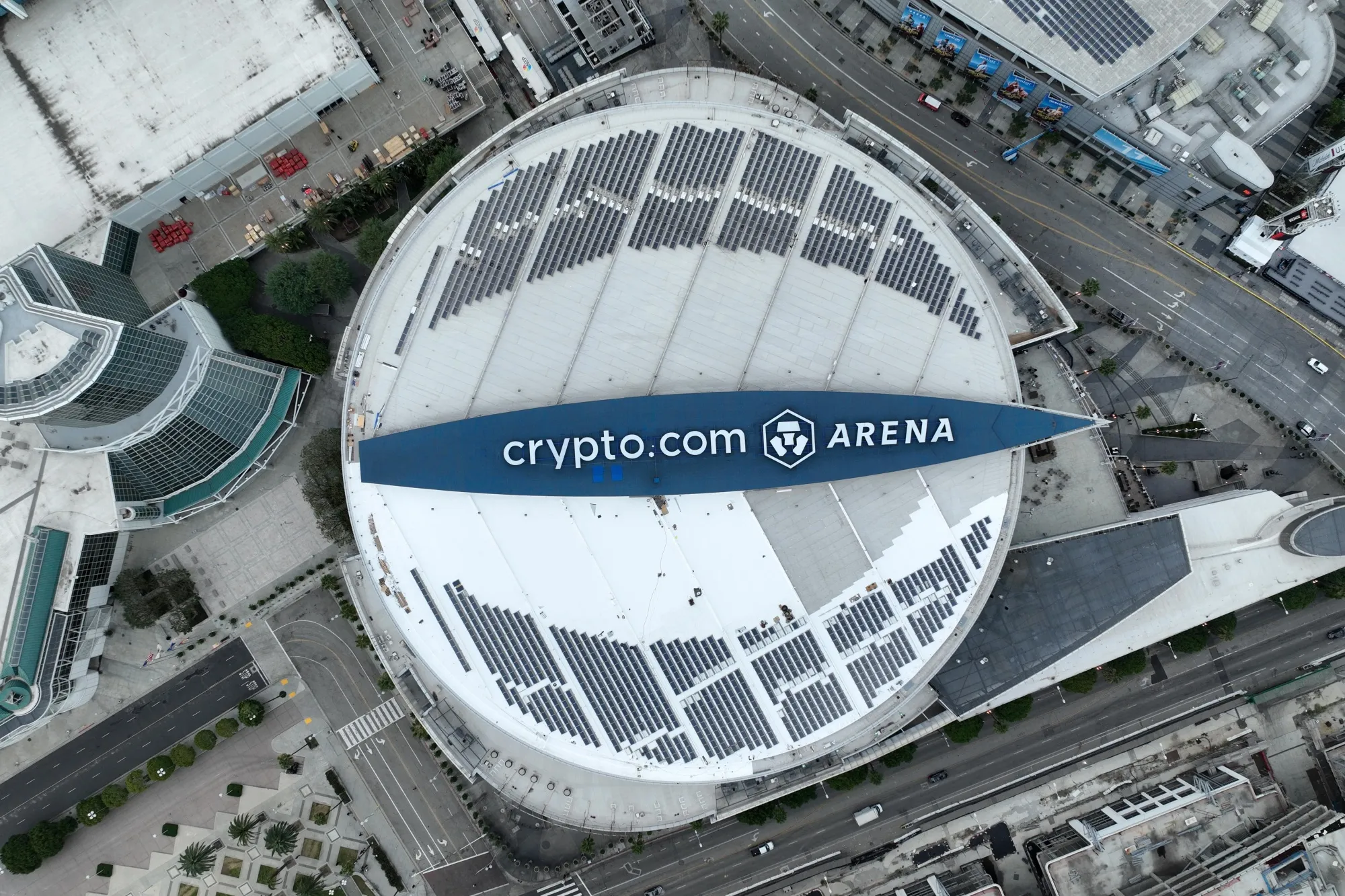 A general overall aerial view of the Crypto.com Arena in Los Angeles. (Kirby Lee via AP)