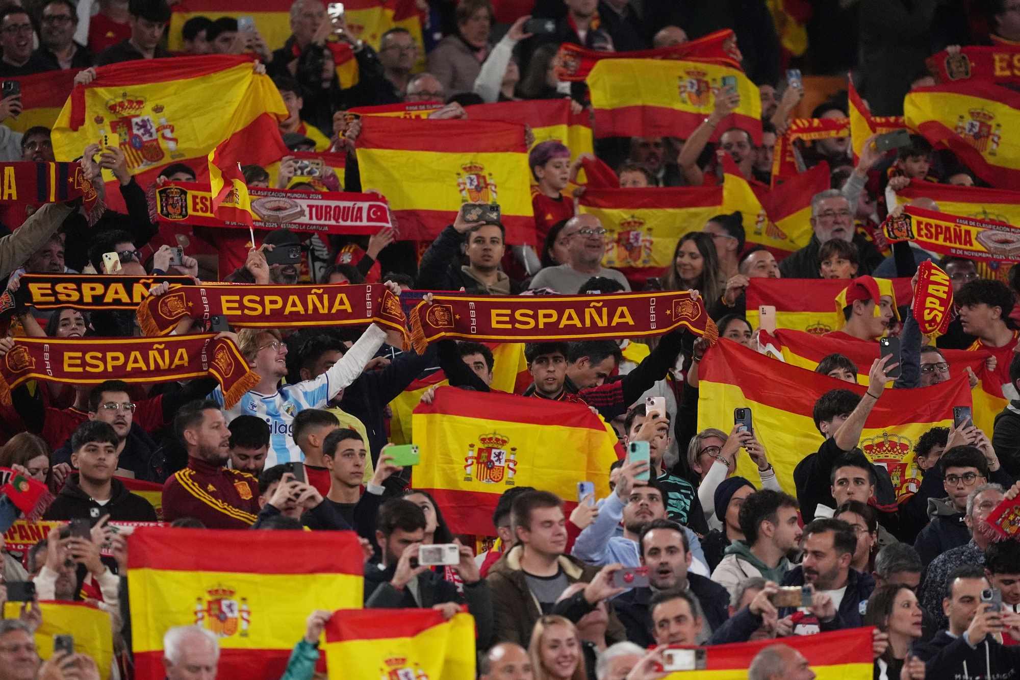 Fans of Spain show their support prior to the FIFA World Cup 2026 qualifier match in Seville, Spain in 2025.