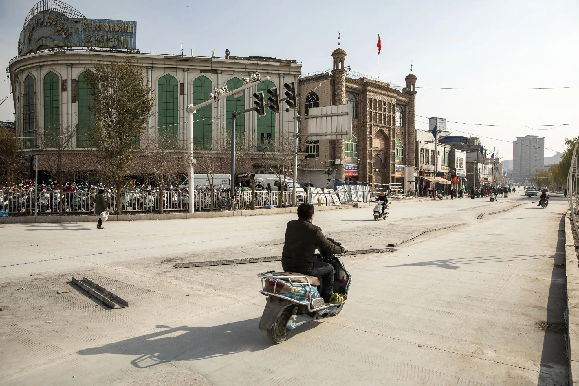 Surveillance cameras are mounted to a post near a mosque in Kashgar, Xinjiang in Nov. 2018.