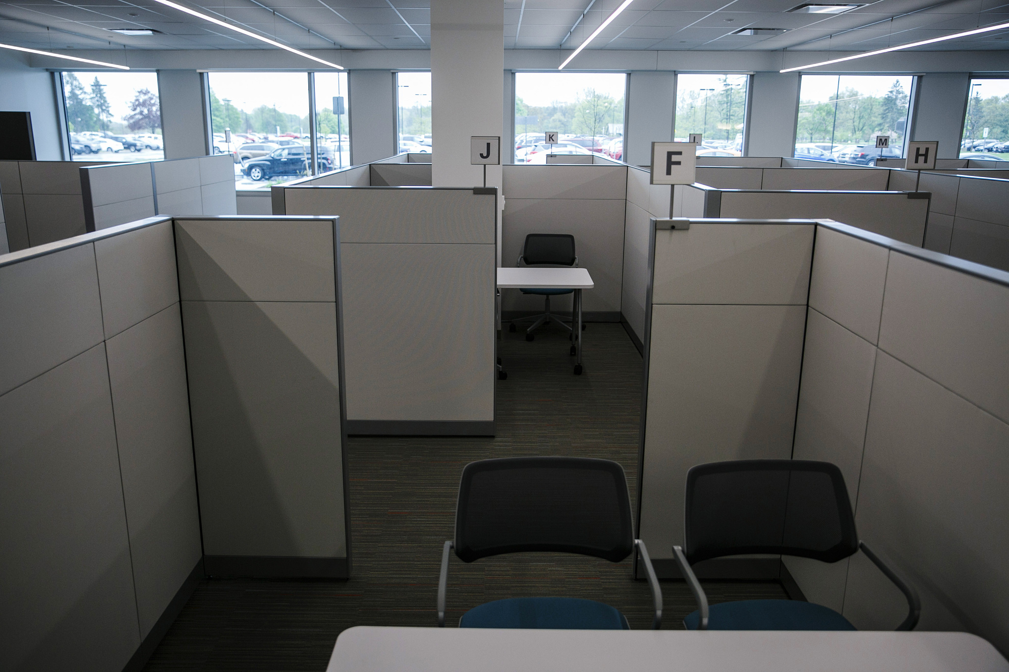 Office cubicles stand during a grand opening ceremony at the expanded Toyota Motor North American Research &amp; Development (TMNA R&amp;D) center in York Township, Michigan, U.S.