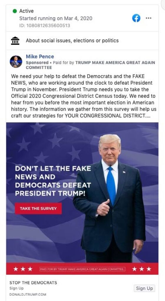 Trump Facebook Ads Removed Over Misleading U.S. Census Link