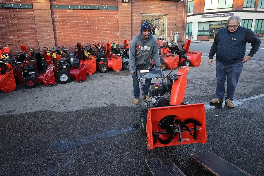An employee services snowblowers at a hardware store ahead of a snow storm&nbsp;in Needham, Massachusetts on Jan. 22.