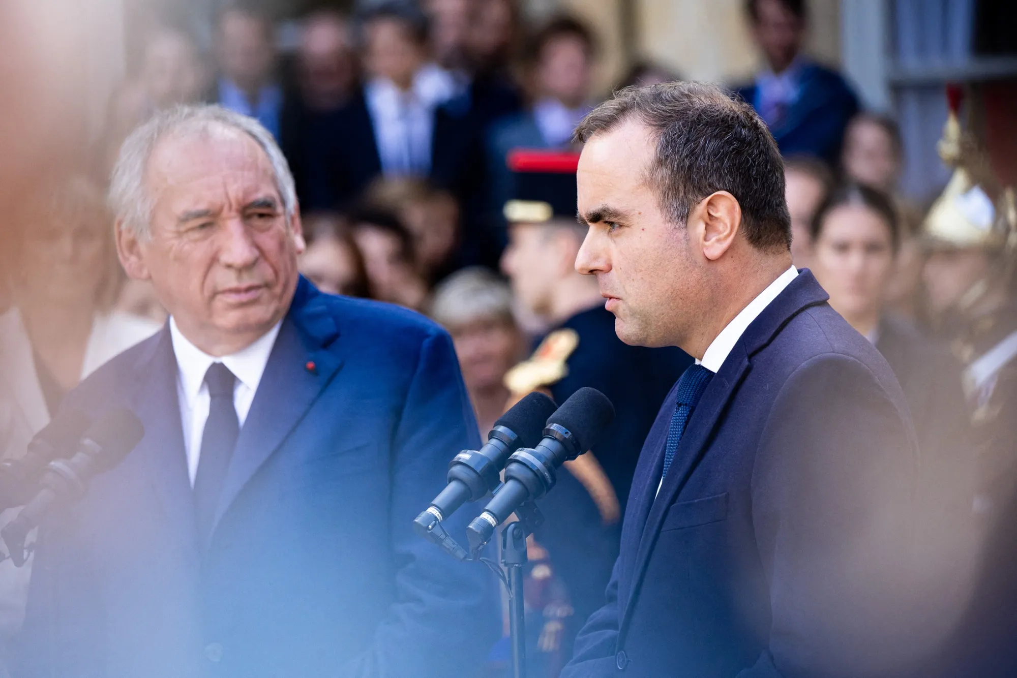Outgoing prime minister Francois Bayrou, left, and Sebastien Lecornu, in Paris on Sept. 10.