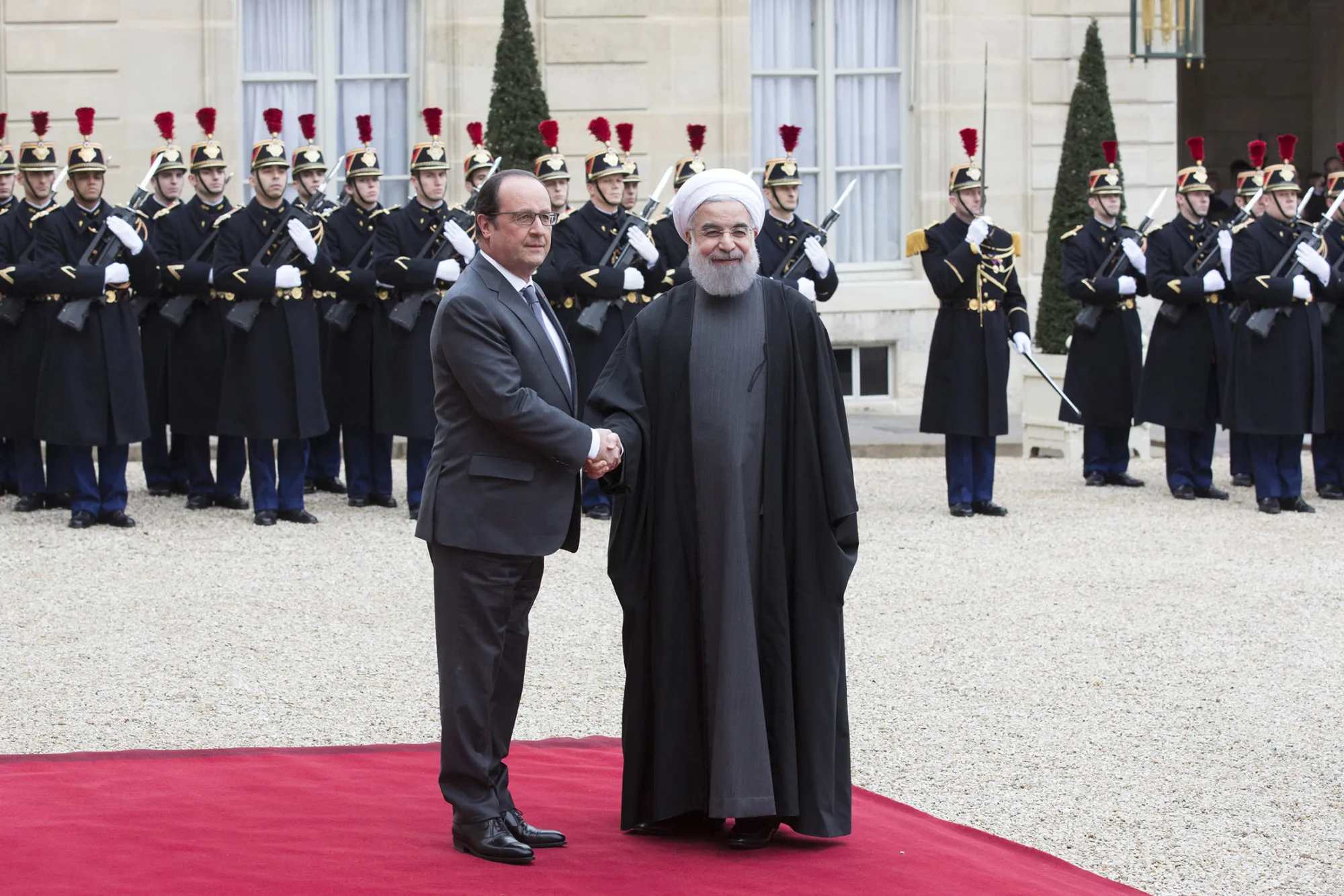 Francois Hollande welcomes Hassan Rouhani in Paris on Jan. 28.
