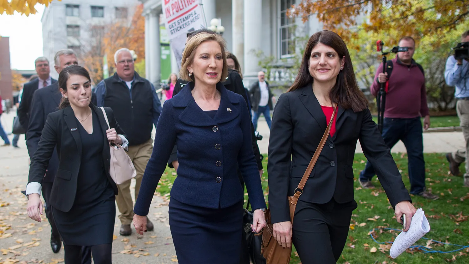 Republican presidential candidate Carly Fiorina leaves the statehouse after filing paperwork for the New Hampshire primary on Nov. 5, 2015, in Concord, New Hampshire.
