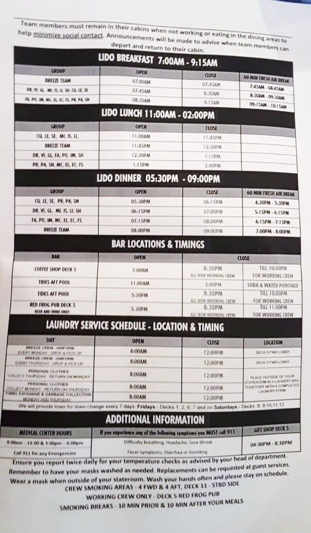 A lockdown timetable for the Carnival Breeze, listing hours when crew were free to leave their rooms.