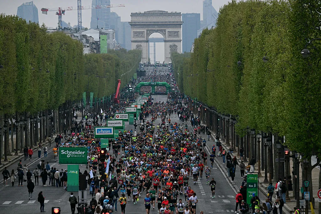 Athletes at the Paris Marathon on April 13, 2025.