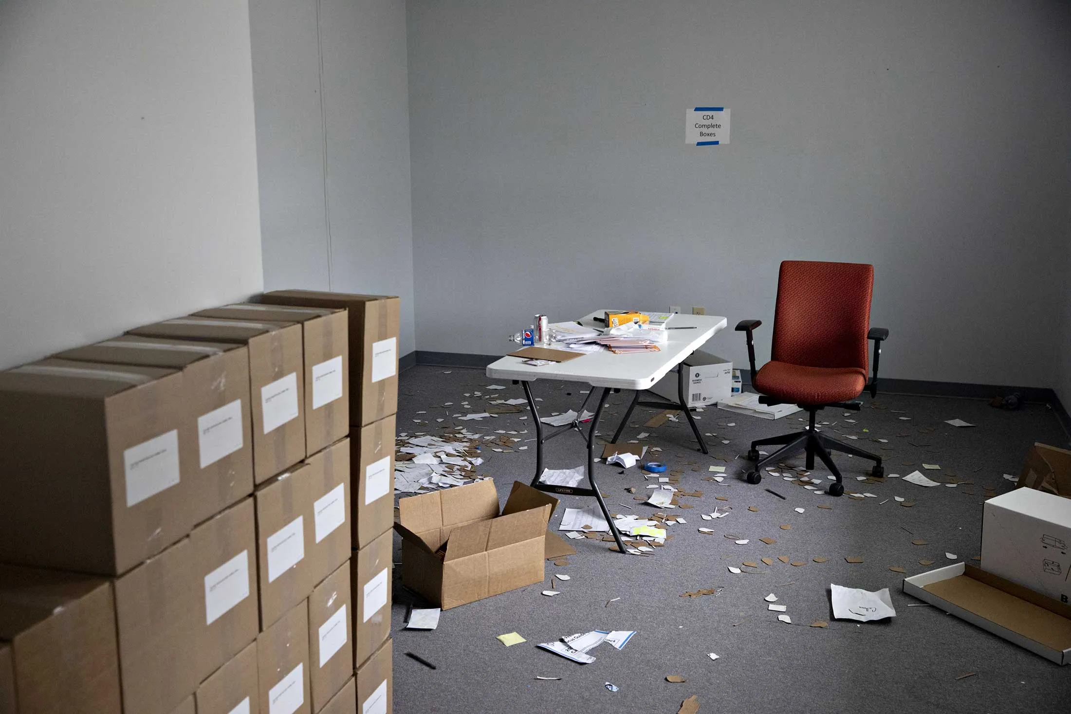 Boxes of voter registration forms in a Democratic Party office in Des Moines.