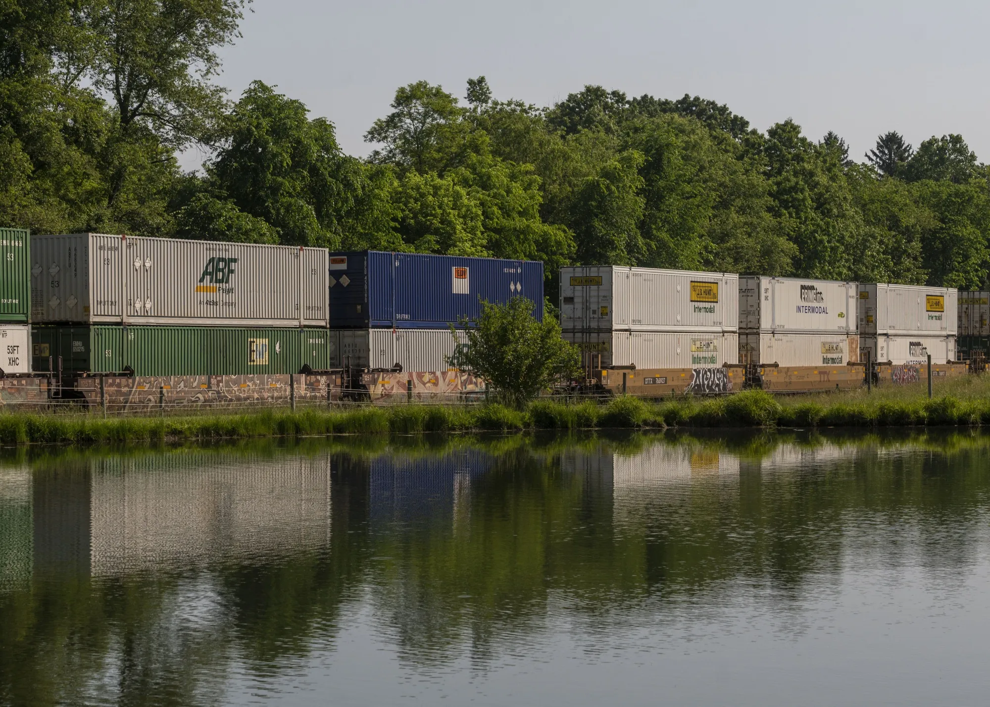 A Norfolk Southern train chugs along.