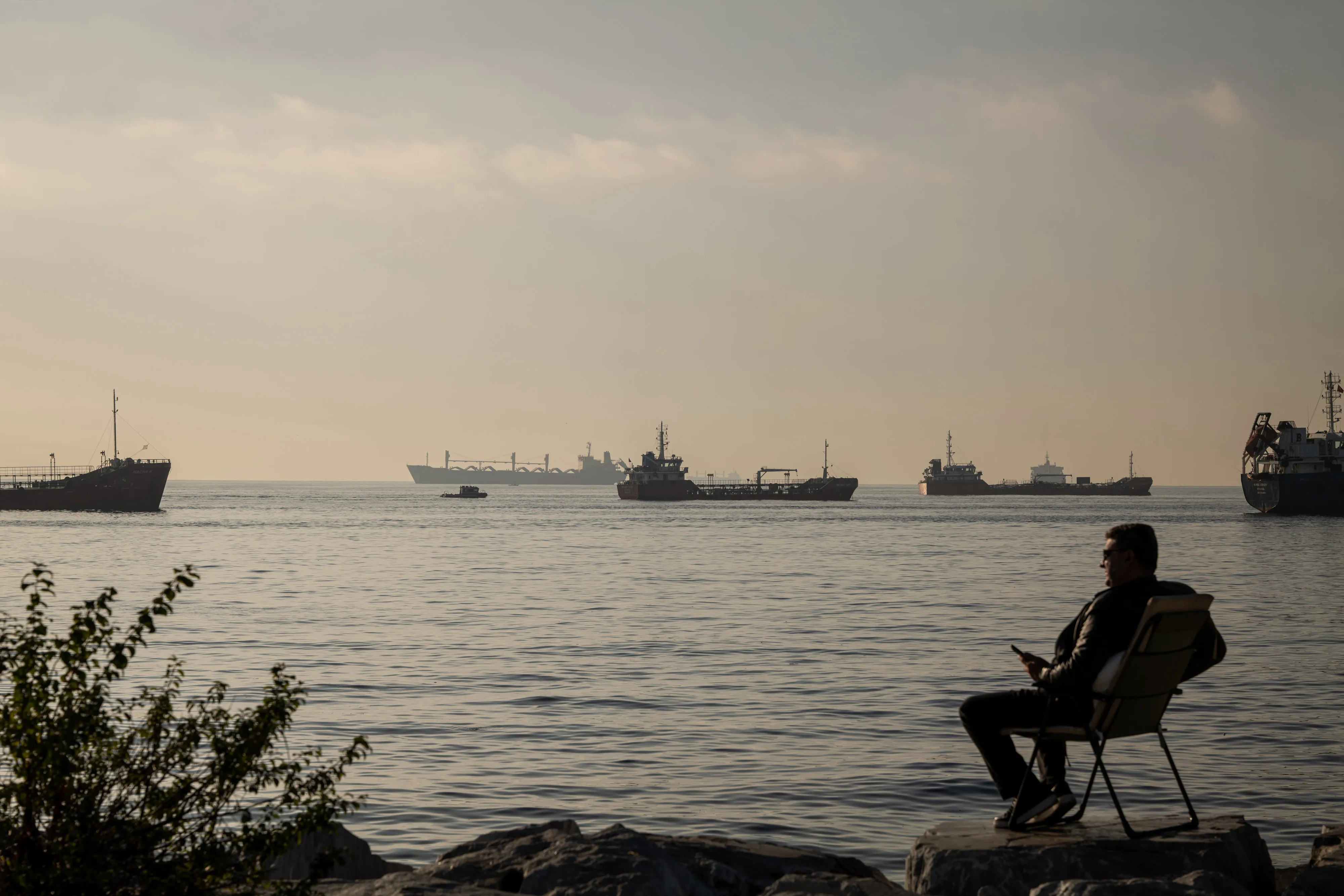 Dry bulk cargo vessels, including ships carrying grain, at the southern entrance to the Bosporus Strait leading to the Black Sea in Istanbul, Turkey, on Wednesday, Nov. 2, 2022.&nbsp;