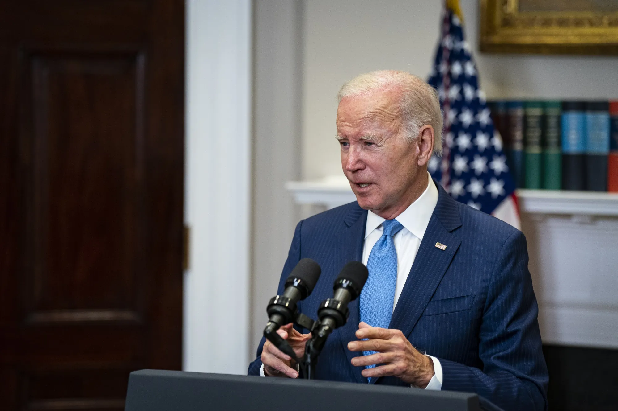 US President Joe Biden speaks in the Roosevelt Room of the White House.