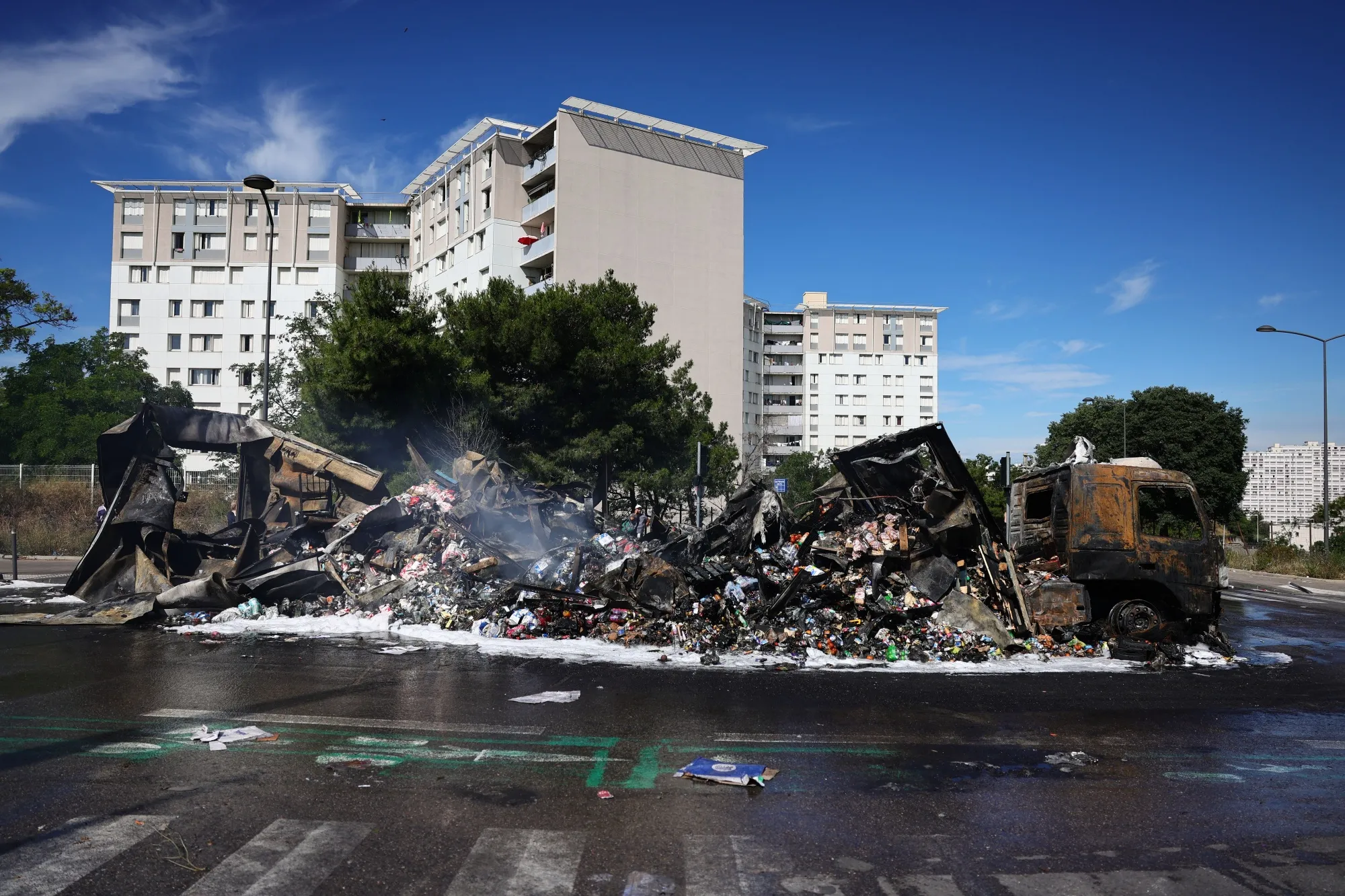 A destroyed merchandise truck following protests in Les Flamants neighbourhood, near Marseille, France, on July 1.