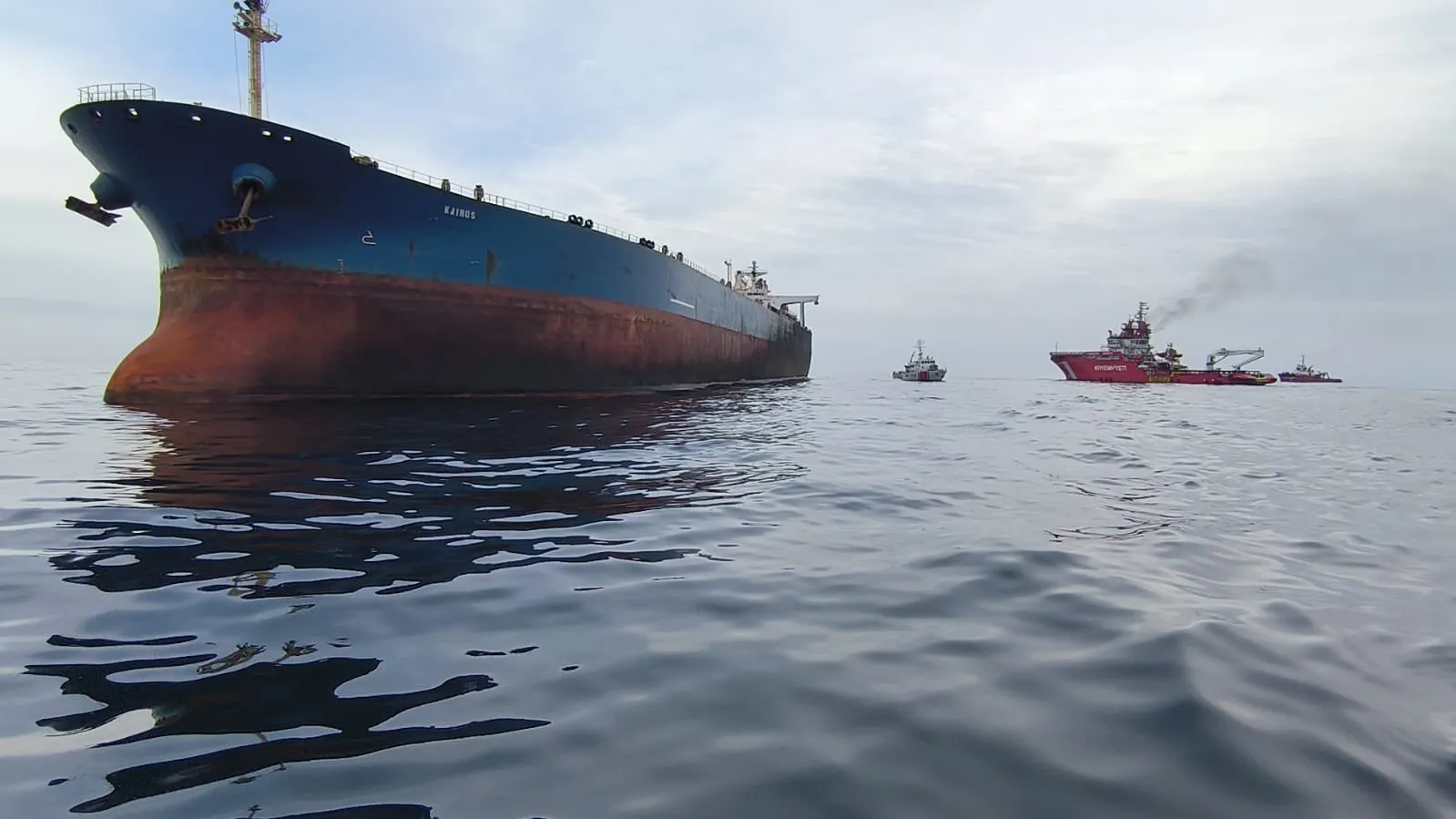 The fire-damaged sanctioned Kairos tanker in the Black Sea, in a photo released by the Turkish Ministry of Transport on Nov. 30.