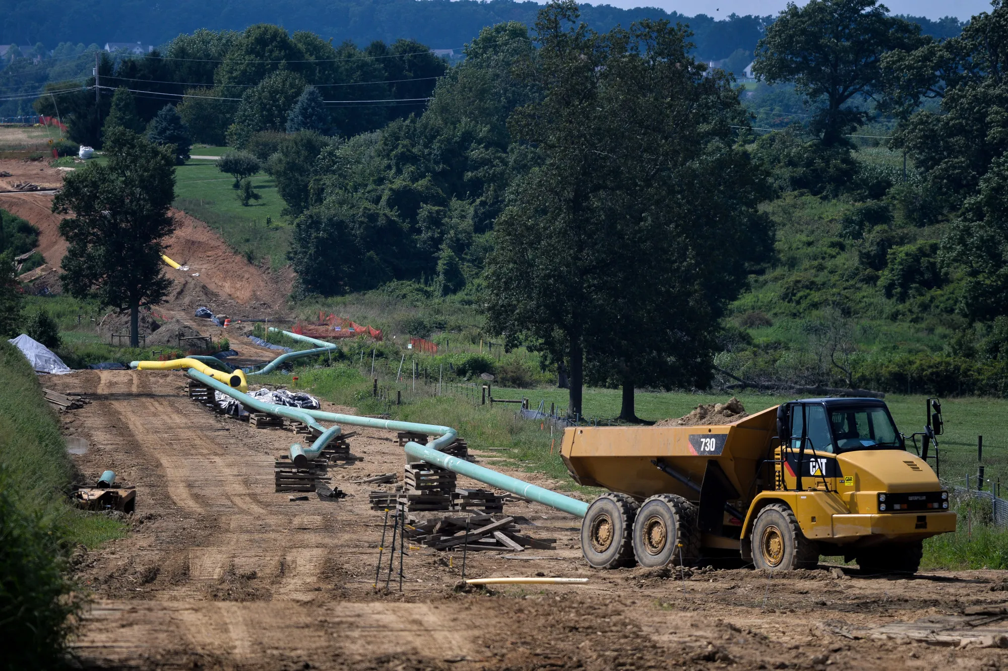 Sections of pipe at an Energy Transfer construction site near Morgantown, Pennsylvania.