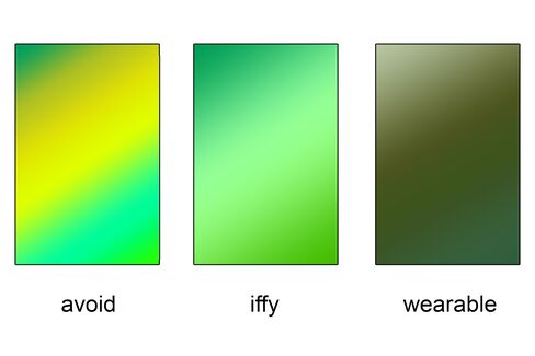 In general, stick to darker, more neutral hues like olive and hunter green (far right). Super bright shades like lawn green and chartreuse (far left) should only be worn very sparingly. Under iffy, hues like Kelly and Jade green are fresh and calming, but usually associated more with garbs for the ladies