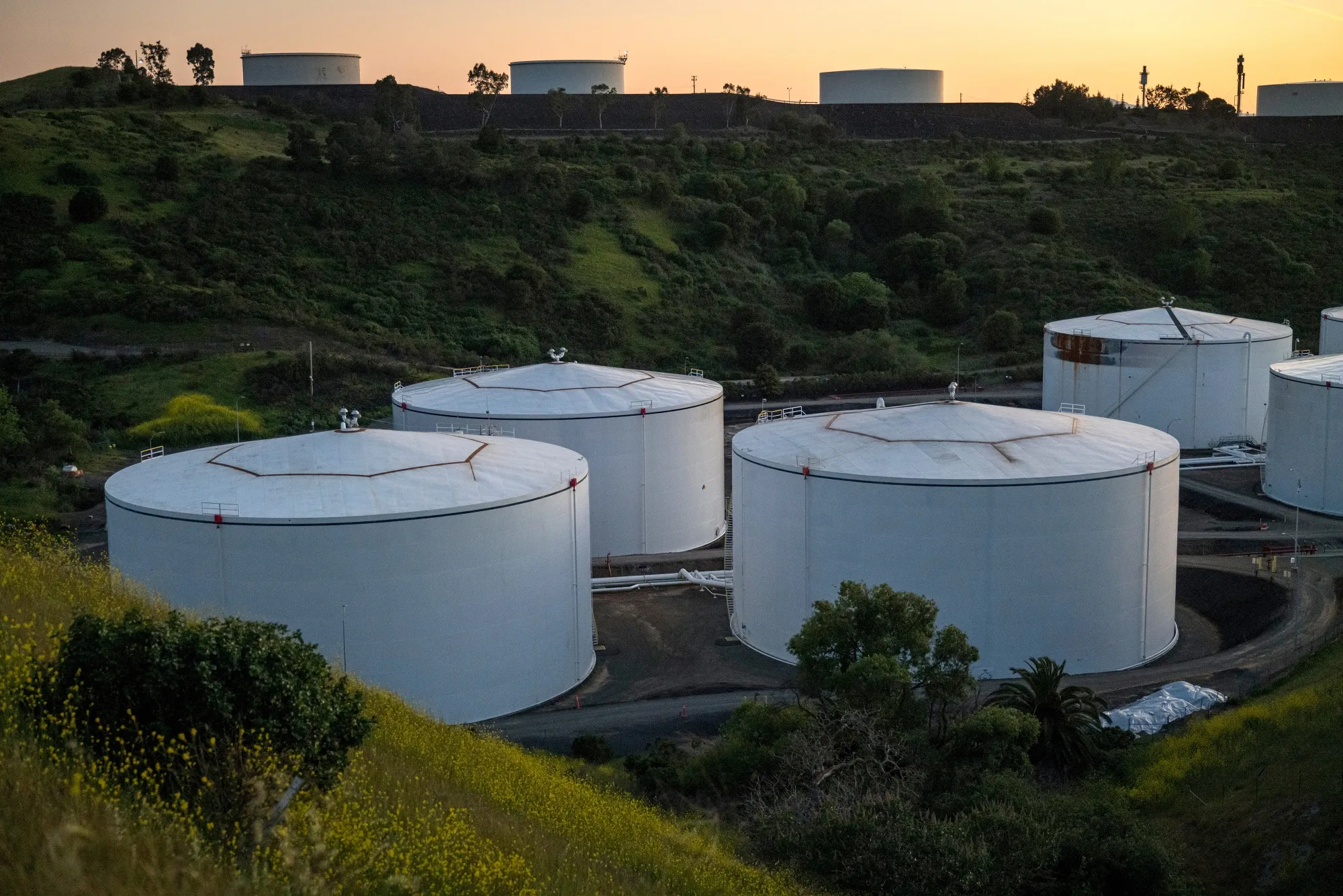 Fuel storage tanks containers stand in Crockett, California.