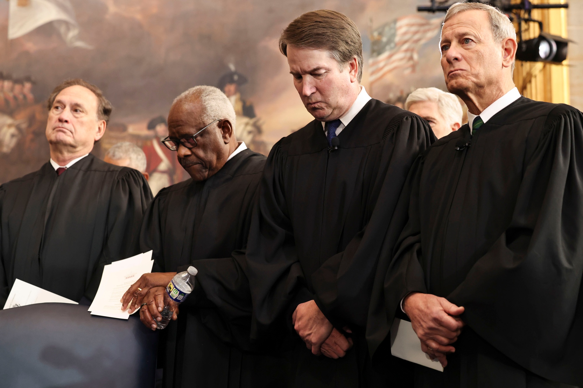 Samuel Alito Jr., associate justice of the US Supreme Court, from left, Clarence Thomas, associate justice of the US Supreme Court, Brett Kavanaugh, associate justice of the US Supreme Court, and John Roberts, chief justice of the US Supreme Court, during the 60th presidential inauguration in the rotunda of the US Capitol in Washington, DC, US, on Monday, Jan. 20, 2025. President Donald Trump launched his second term with a strident inaugural address that vowed to prioritize America's interests with a "golden age" for the country, while taking on "a radical and corrupt establishment." Photographer: Chip Somodevilla/Getty Images/Bloomberg