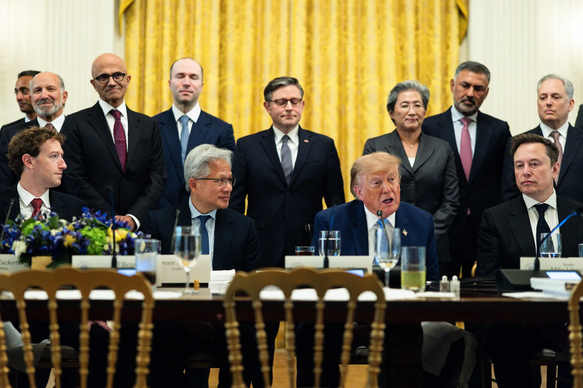 From left: Chamath Palihapitiya, Mark Zuckerberg, Howard Lutnick, Satya Nadella, Greg Brockman, Jensen Huang, Mike Johnson, President Donald Trump, Lisa Su, Nikesh Arora and Elon Musk during a meeting on AI at the White House on Sept. 29, 2026.