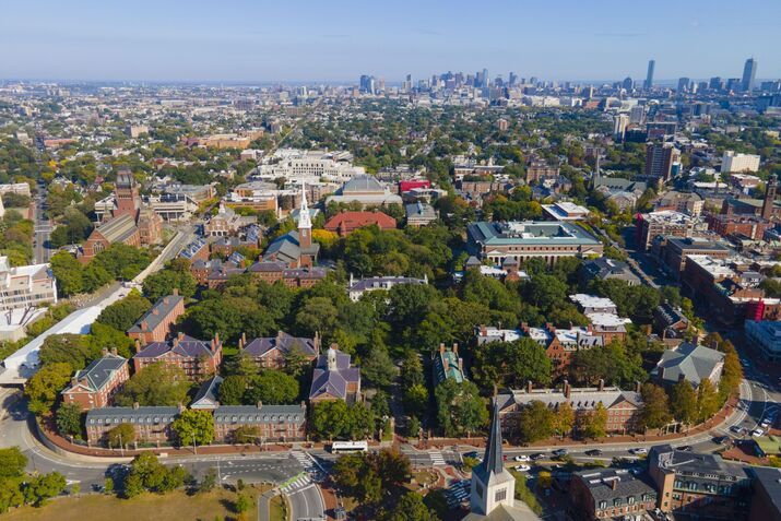 Aerial view of Old Harvard Yard including Memorial Hall, Memorial Church, Widener Library and University Hall in historic center of Cambridge, Massach