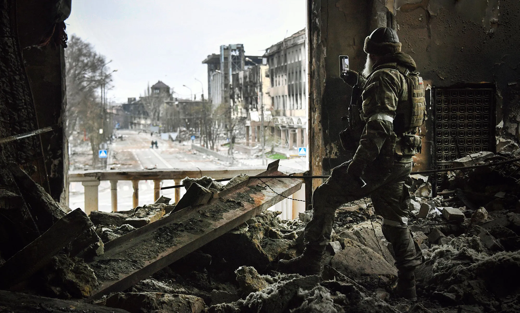 A Russian soldier in Mariupol, Ukraine,&nbsp;on April 12.