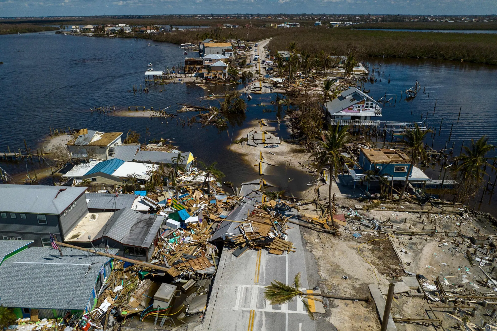 Pine Island Road and destroyed houses in the aftermath of Hurricane Ian in Matlacha, Florida.