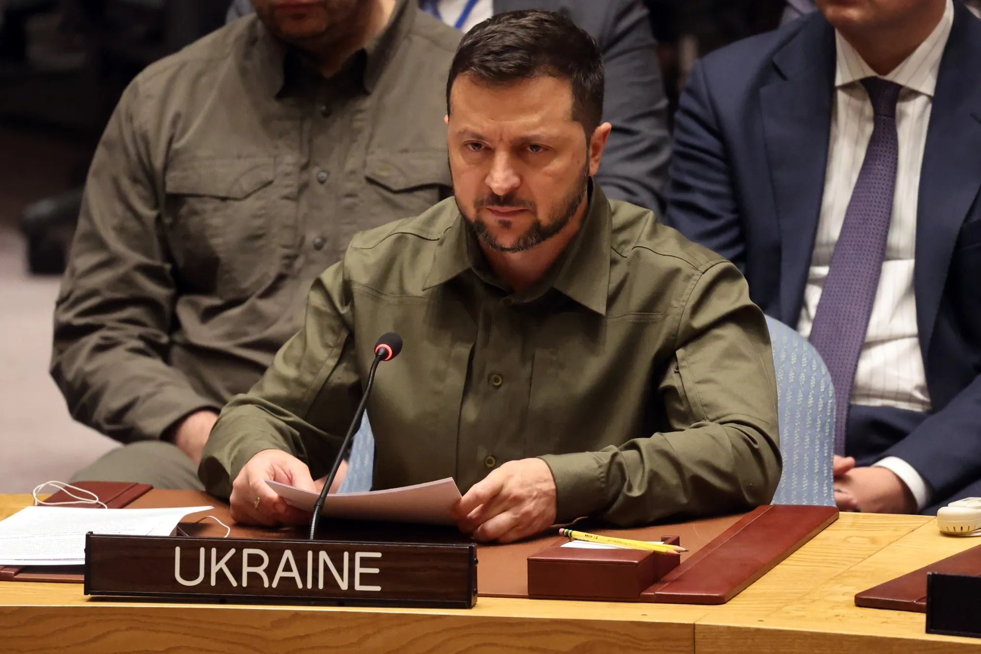 Volodymyr Zelenskiy speaks during the United Nations General Assembly.