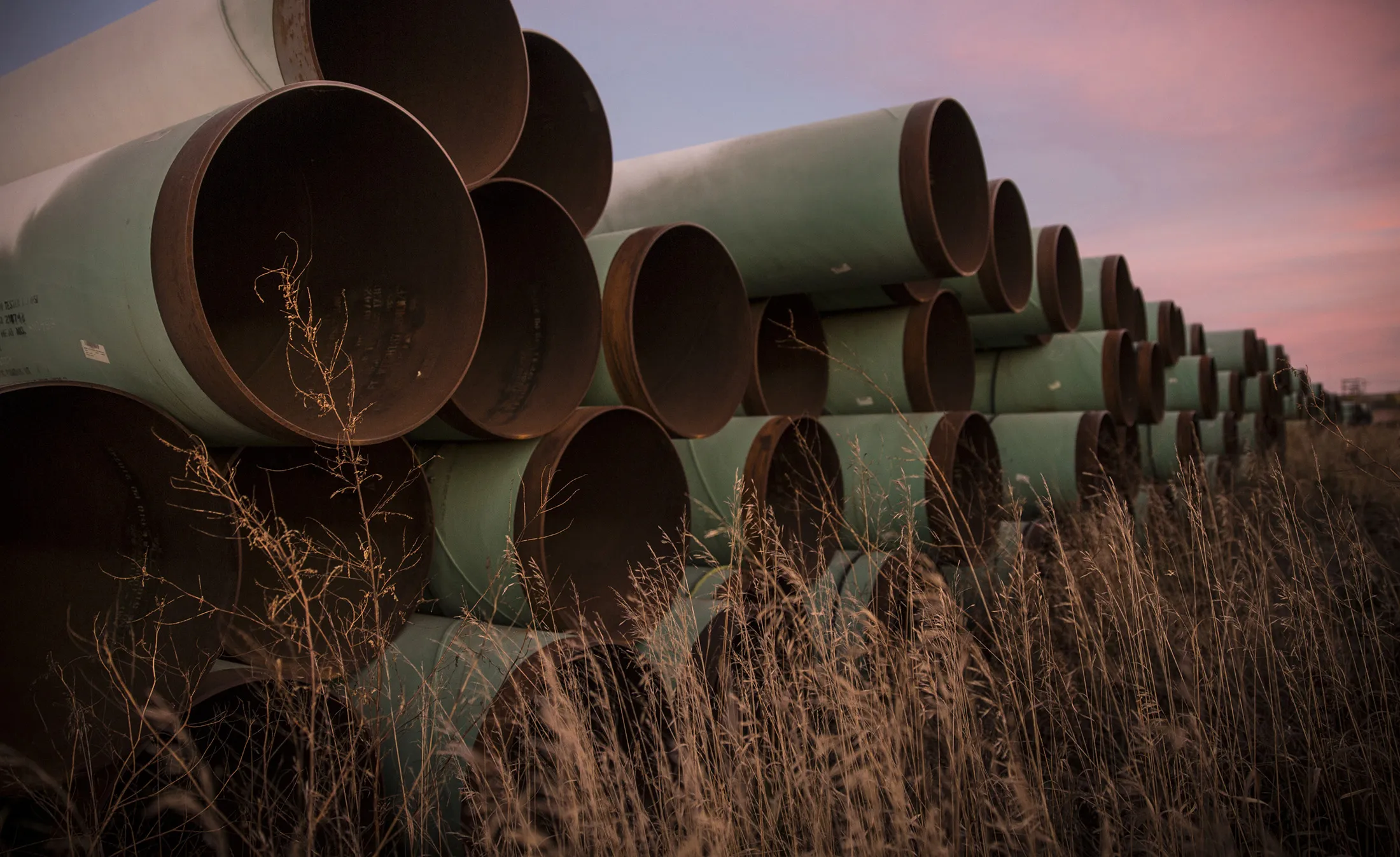 GASCOYNE, ND - OCTOBER 14: Miles of unused pipe, prepared for the proposed Keystone XL pipeline, sit in a lot on October 14, 2014 outside Gascoyne, North Dakota.
