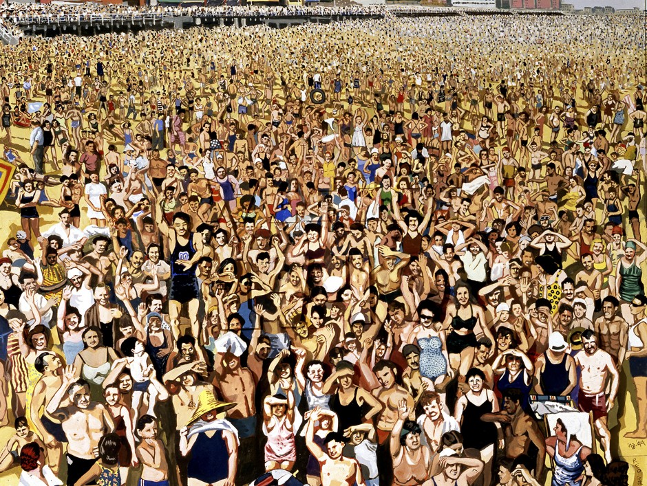 This painting of a sweaty throng is inspired by an image shot by the street photographer Weegee at Coney Island in 1940.