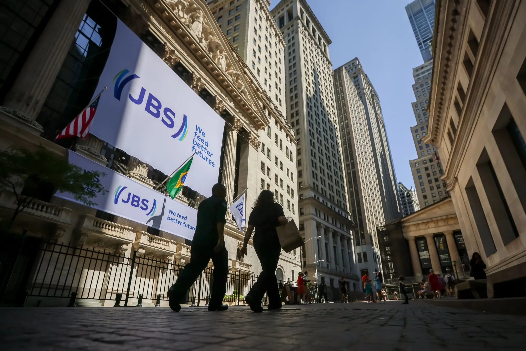JBS NV signage at the New York Stock Exchange (NYSE) in New York on&nbsp;June 25.