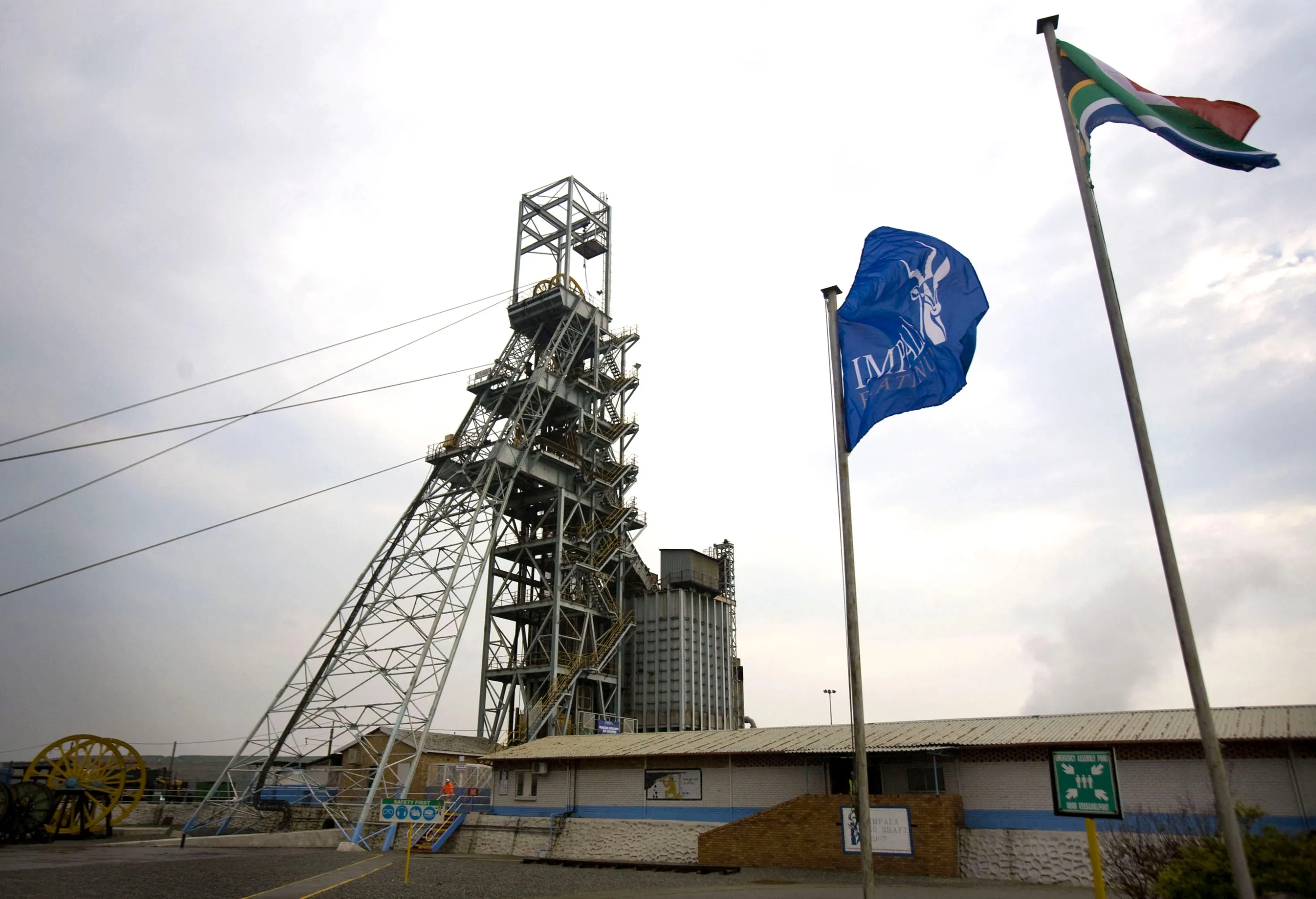 The winding gear and main buildings stand at the Impala Platinum mine in Rustenburg.