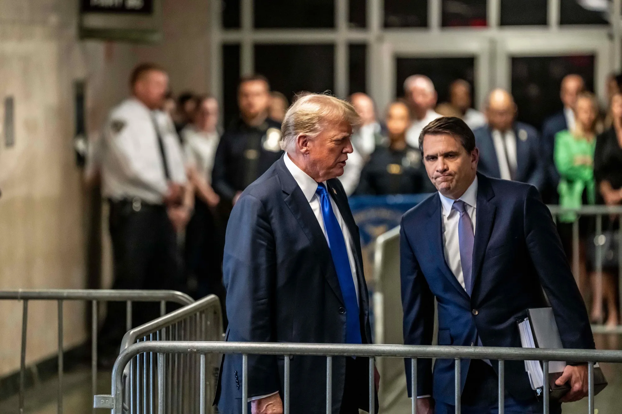 Former US President Donald Trump, center left, and Todd Blanche, attorney for former US President Donald Trump, center right, speak to members of the media after the verdict was read at Manhattan criminal court in New York, US, on Thursday, May 30, 2024. A New York jury found Donald Trump guilty of multiple felonies at his hush-money trial, making him the first former US president to be convicted of crimes.