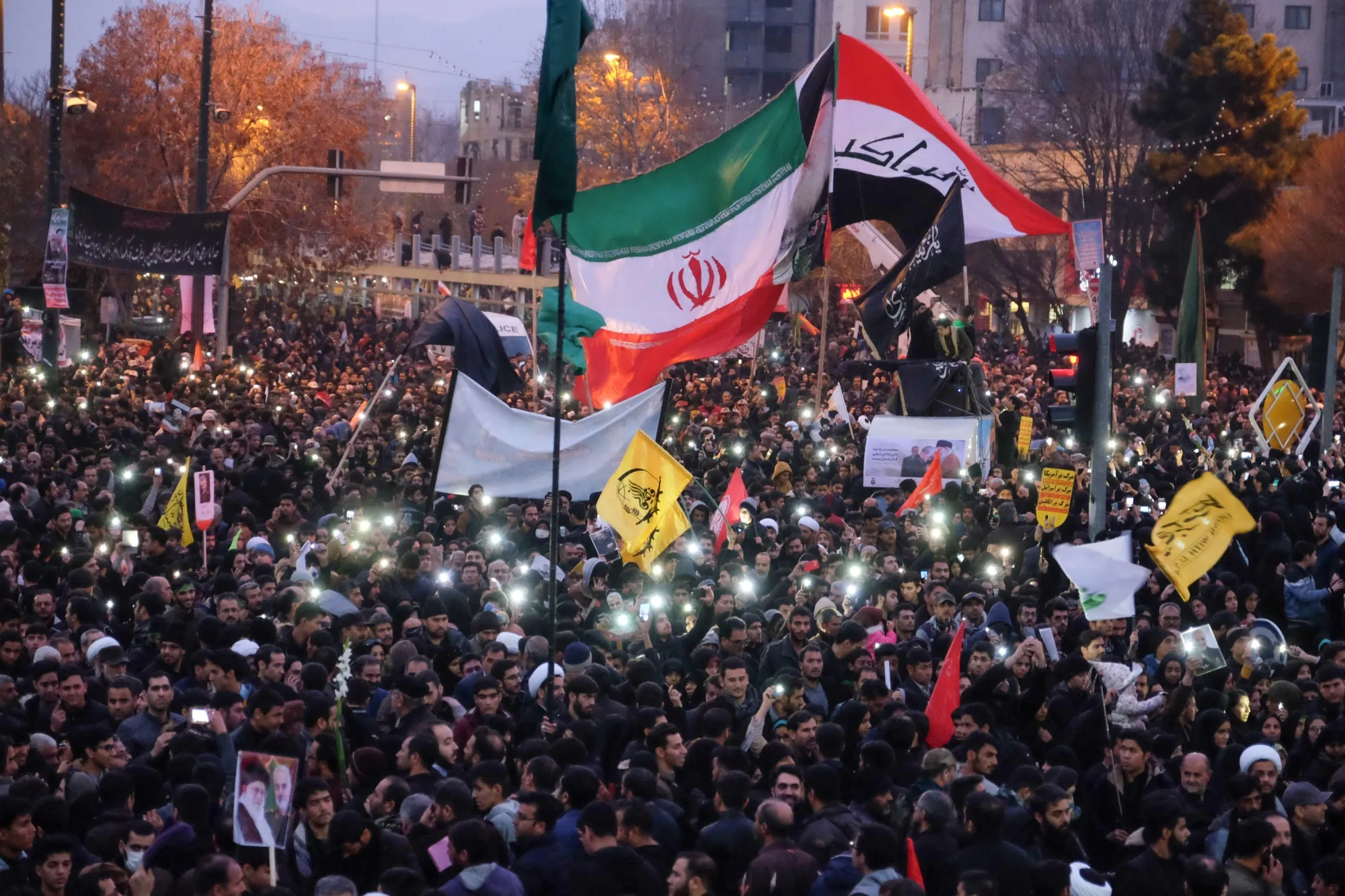 Iranians gather in the northeastern city of Mashhad to pay homage to general Qasem Soleimani and others killed in a US strike, on Jan.&nbsp;5.