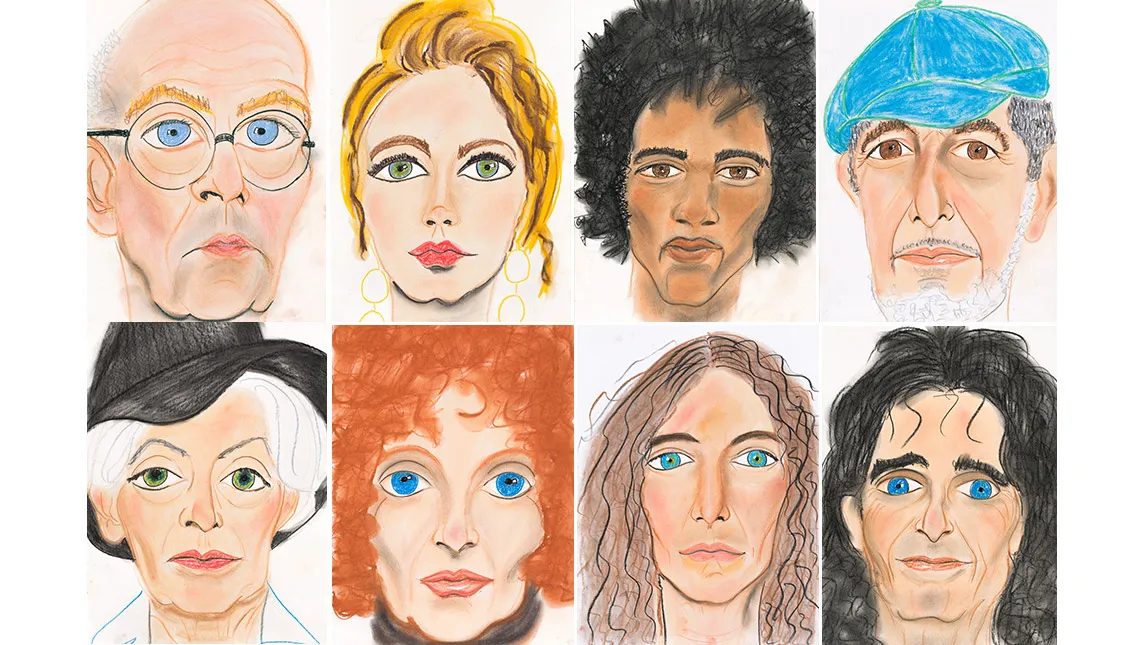 Top Row, (l-r): Claes Oldenburg, Edie Sedgwick, Jimmy Hendrix, Leonard Cohen. Bottom Row, (l-r): Quentin Crisp, Viva (Warhol superstar), Patti Smith, Alice Cooper.