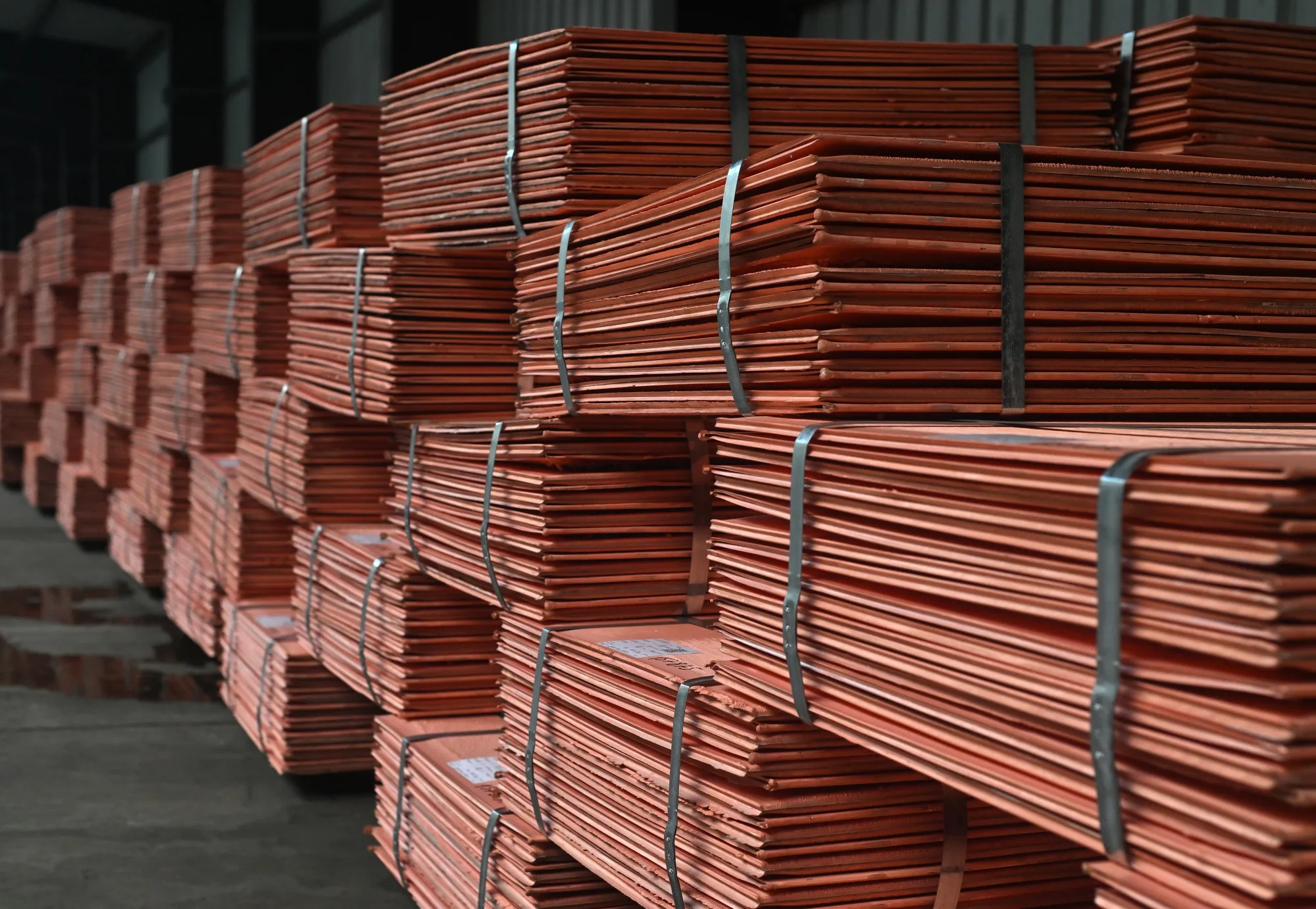 Copper cathode sheets ready for shipment at a&nbsp;copper smelting plant.