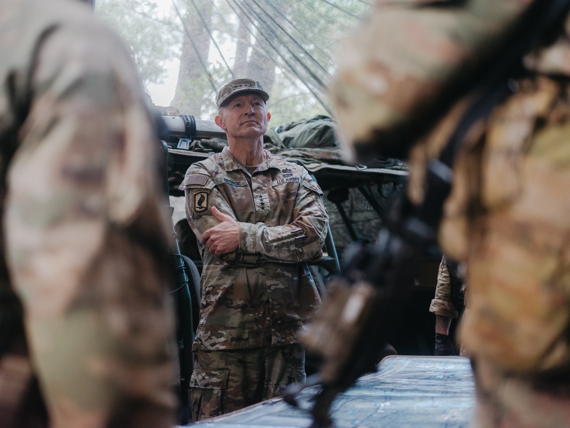 General Randy George, US Army chief of staff, speaks with soldiers during training exercises at Lightning Academy at Schofield Barracks in Honolulu, Hawaii, US, on Monday, Nov. 10, 2025. The US Army is pitting ideas born in Washington against battlefield realities, with the outcomes shaping how future wars will be fought.