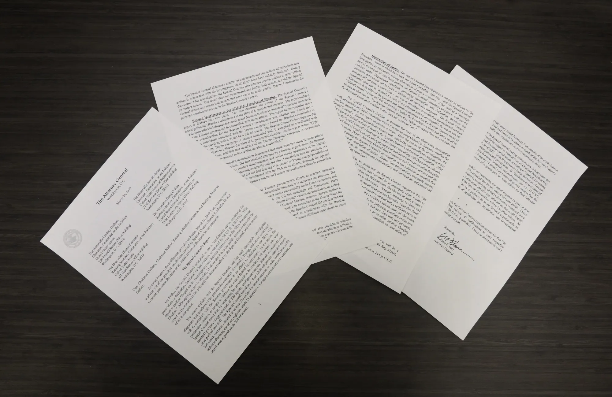 A copy of William Barr’s letter to Congress regarding the conclusion of Mueller’s investigation.