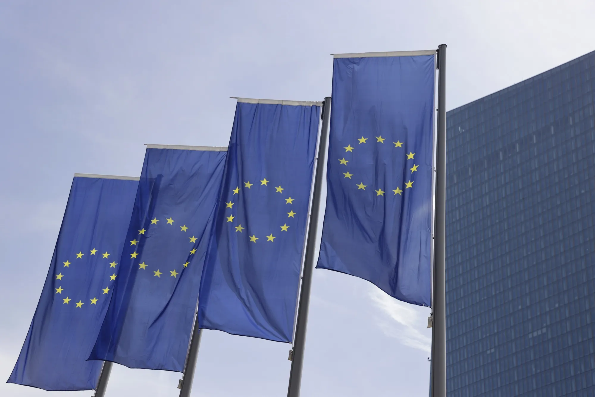 Flags of the European Union (EU) outside the headquarters of the European Central Bank (ECB) in Frankfurt, Germany.&nbsp;